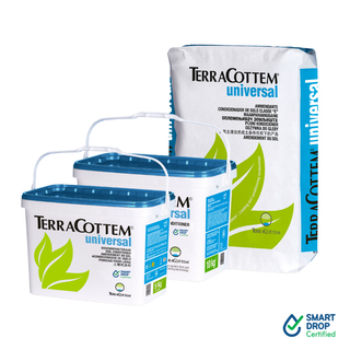 Three bags and two buckets of TERRACOTTEM universal soil conditioner shown on a white background, with a SMART DROP Certified logo in the bottom right corner.
