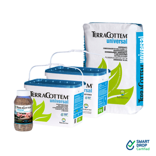 TerraCottem Universal fertilizer kit including a 40kg bag, two 25kg buckets, and a 1L bottle, shown on a white background with a Smart Drop Certified logo in the bottom right corner.